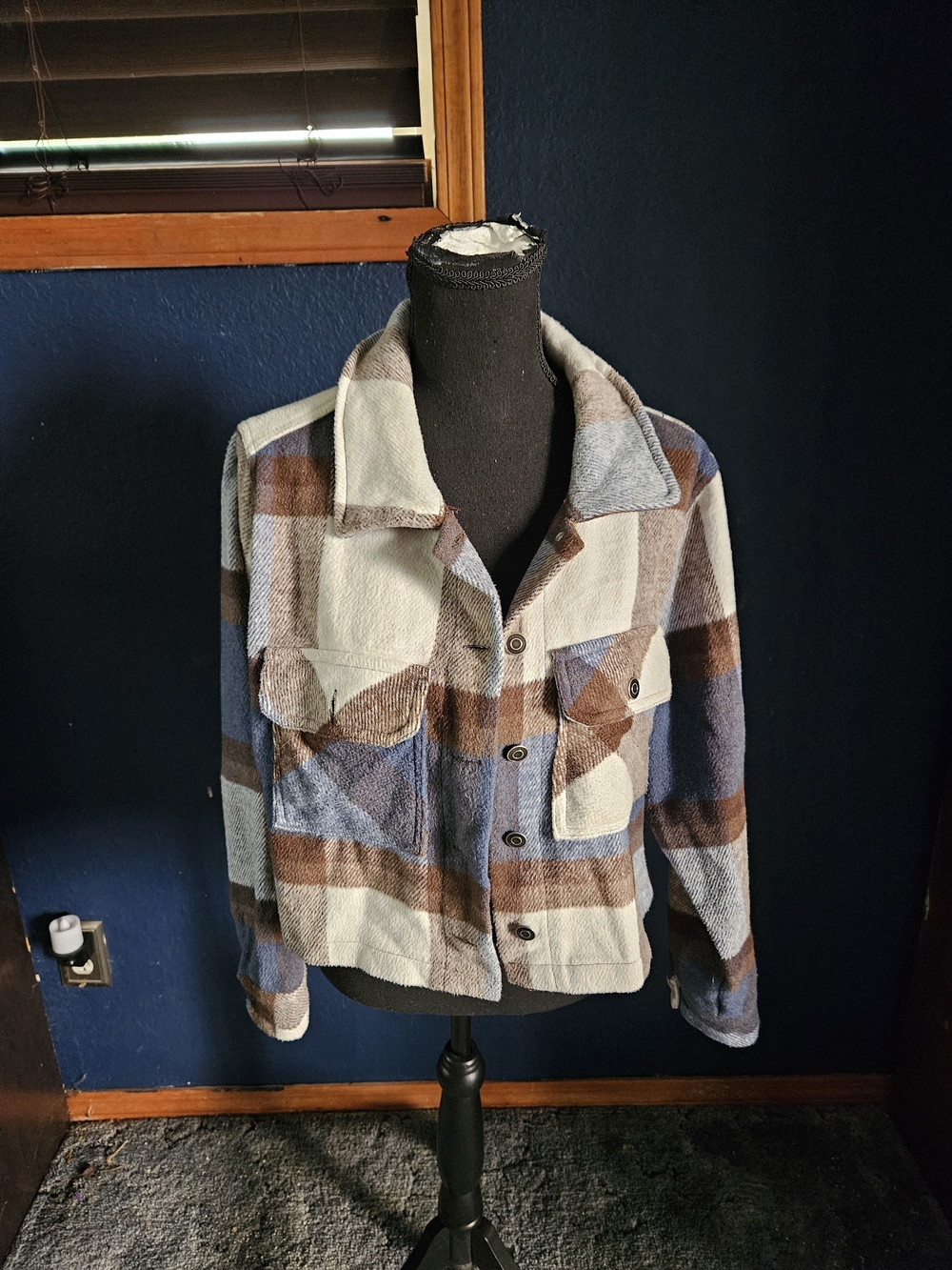 Women’s Plaid Button-Front Shacket Jacket - Blue, Brown, Cream